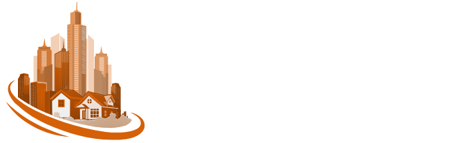 Logo for Karin Sells Real Estate featuring city skyline and houses on a black background