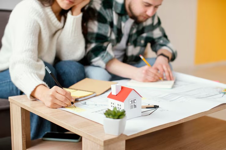 Couple planning home renovation with blueprints, miniature house, and notes on a wooden table
